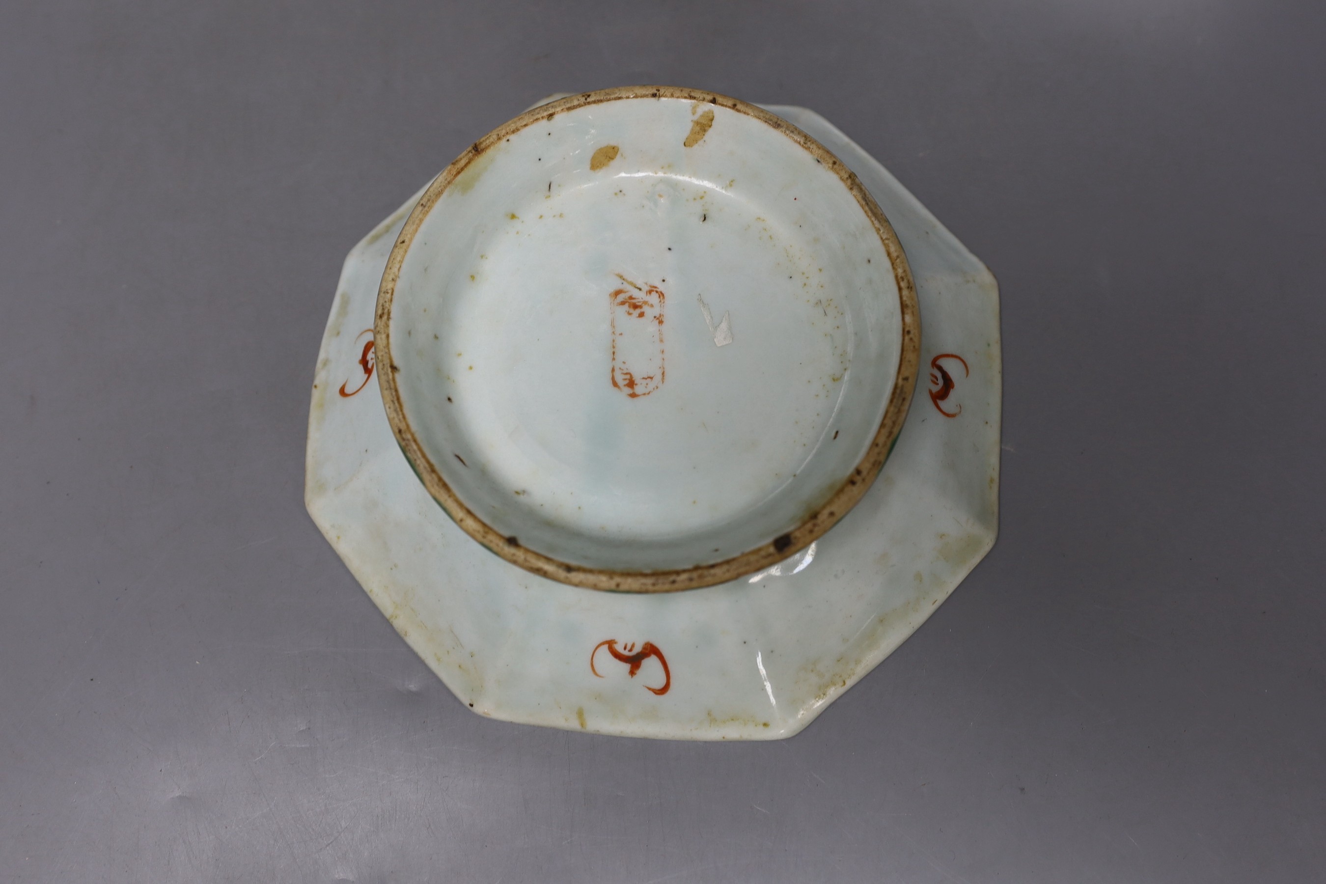 A Chinese sang-de-boeuf glazed pottery incense burner, 21cm high, similar blue and white bowl and a famille rose footed dish together with a Delft plate.